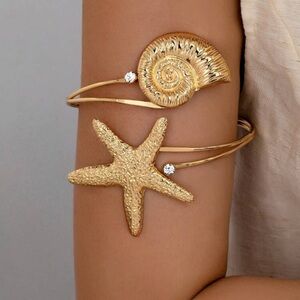 Gold Seashell & Starfish Decor Arm Cuff, Summer Beach Vacation Style Arm Jewelry